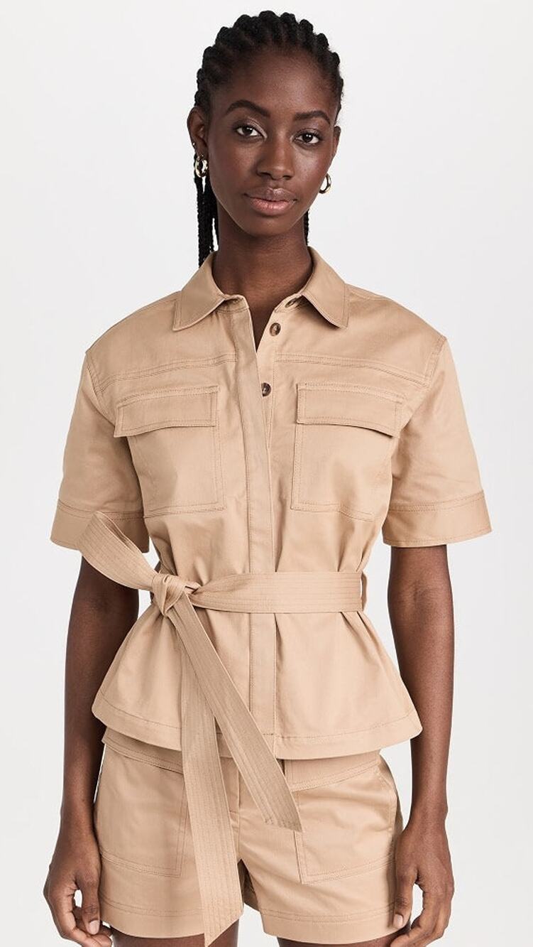 Tanya Taylor Tanner Twill Short Sleeve Belted Utility Shirt Birch Women's Small